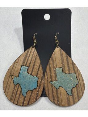 Teardrop Woodgrain Texas Outline Earrings